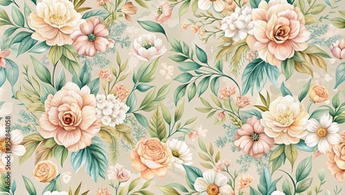 Vintage floral seamless pattern with delicate flowers and leaves in soft pastel colors , vintage, floral, seamless, pattern