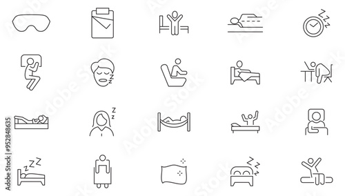 Comfort sleep line icon collection. Morning, bed, pillow, sleepy, day dreaming, night, blanket, and deep sleep icon set. UI outline icon pack