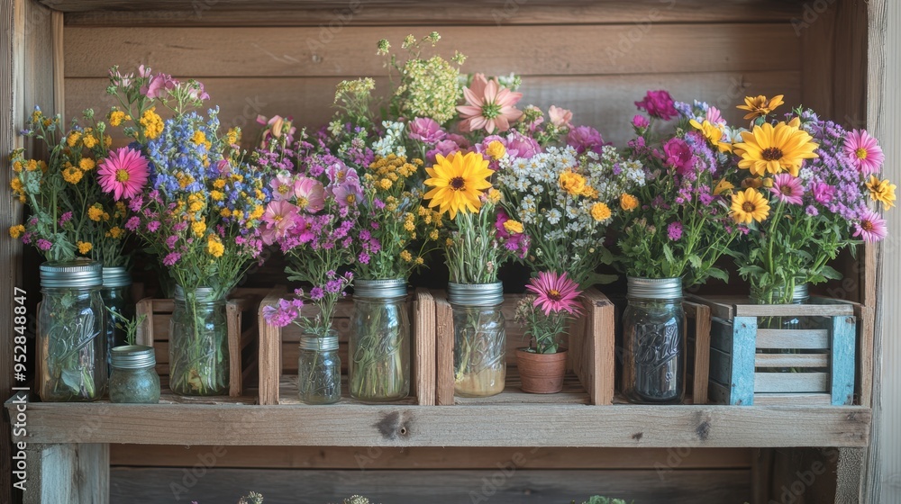 farm-style charm banner with rustic wooden crates, wildflowers in mason jars, and vintage floral decor, creating a quaint and blooming atmosphere farm-style charm banner with rustic wooden crates, wildflowers in mason jars, and vintage floral decor, creating a quaint and blooming atmosphere
