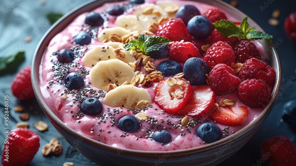 A bowl of oatmeal topped with fresh berries, nuts, and a drizzle of honey, with the bowl placed on a plain background A bowl of oatmeal topped with fresh berries, nuts, and a drizzle of honey, with the bowl placed on a plain background