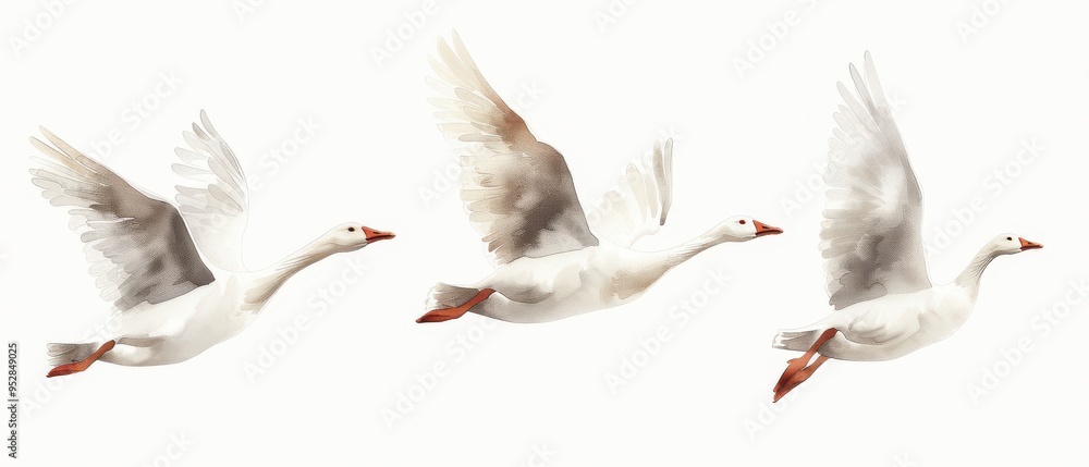 Obraz premium Two vector-style geese in flight with outstretched wings, set against a plain white background.