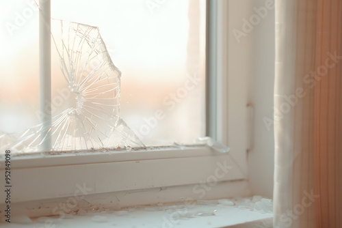 Cracked House Window Glass | Damaged Windowpane Requiring Repair for Home Safety and Maintenance