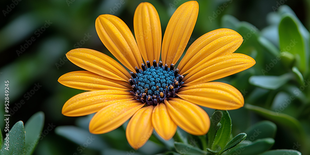 Vibrant yellow flower with blue center blooming in a lush green garden during early spring Vibrant yellow flower with blue center blooming in a lush green garden during early spring