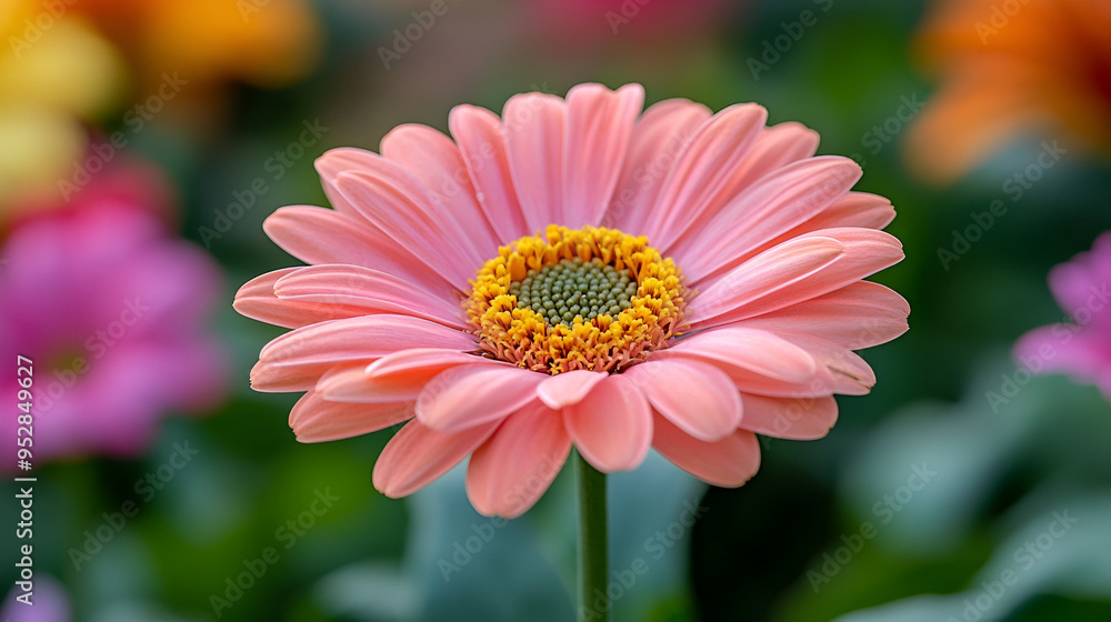 Obraz premium A vibrant pink gerbera daisy blooms under soft sunlight in a colorful garden during springtime