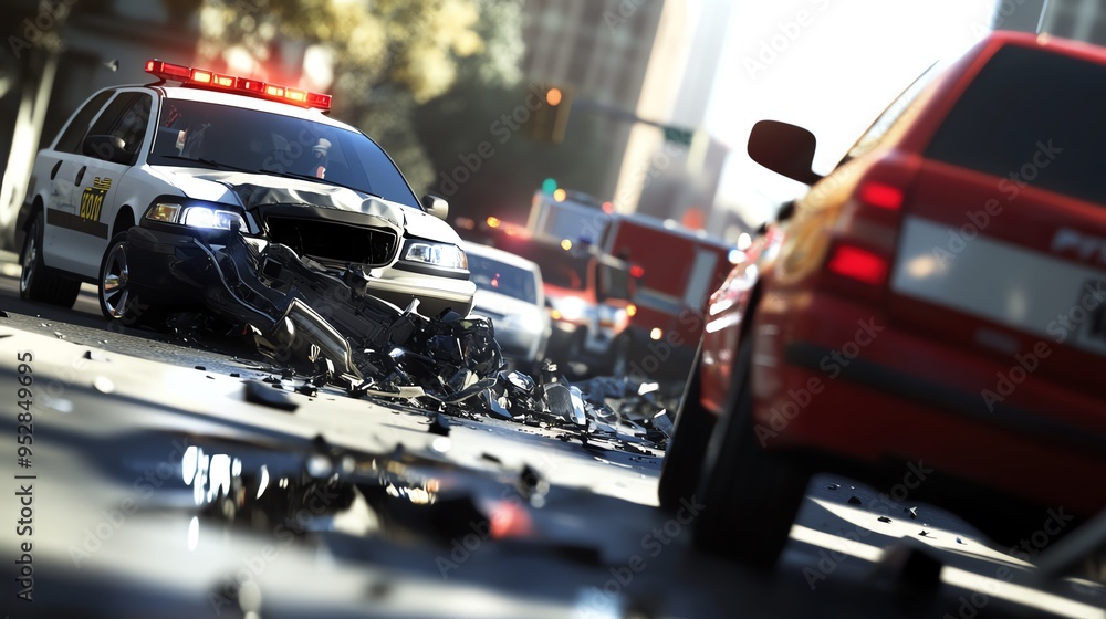 CG 3D render of a car crash, eye-level angle, lifelike textures and reflections, police cars and ambulances arriving, dynamic composition, focus on urgency and precision CG 3D render of a car crash, eye-level angle, lifelike textures and reflections, police cars and ambulances arriving, dynamic composition, focus on urgency and precision
