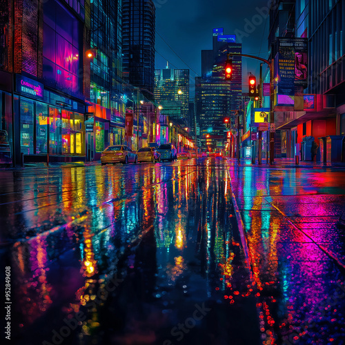 City Reflections: Neon Nights and Rainy Streets