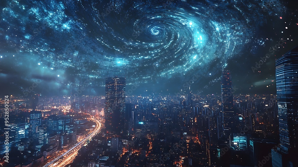 Fototapeta premium Cityscape at Night with a Twirling Starry Sky