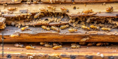 Termite infestation damaging soft wet wood in a domestic house , termites, destruction, wood damage