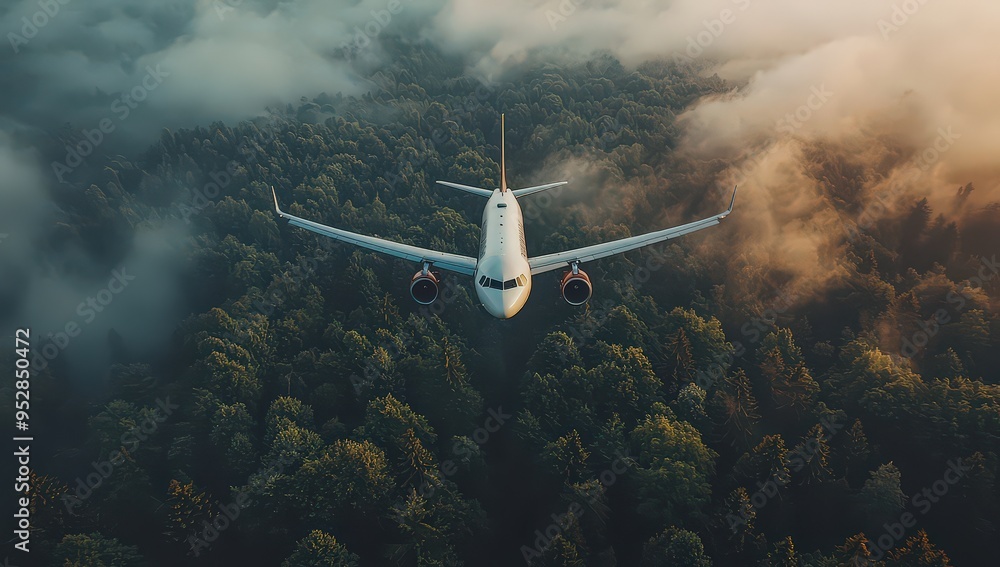 Fototapeta premium Aerial view of an airplane flying over a lush green forest, symbolizing environmental protection and sustainability in travel and transport. 