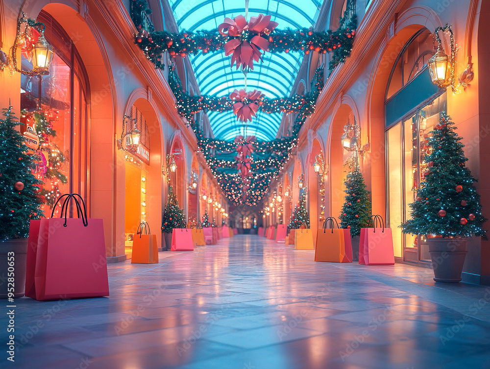 Obraz premium Central empty 3D podium surrounded by banners featuring holiday deals and savings. The scene is filled with animated visuals of shopping bags, creating a lively, festive atmosphere.