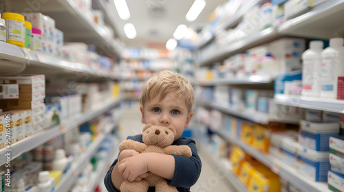 Shy 4-Year-Old Boy Holding Teddy in Front of Pharmacy | Innocence and Comfort During a Pediatric Visit