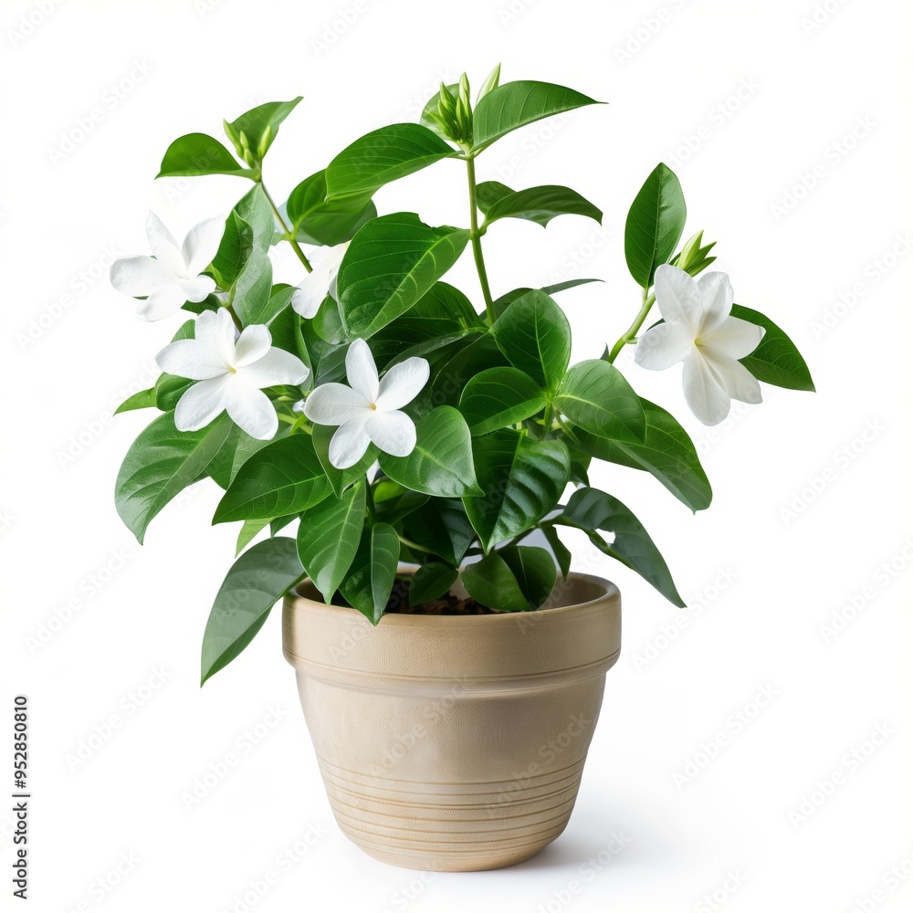 Fototapeta premium A white flower plant in a brown pot. The plant is full and healthy
