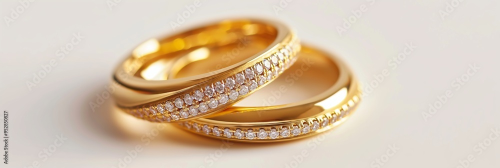 Two gold rings with diamonds on them. The rings are set in gold and have a diamond band Two gold rings with diamonds on them. The rings are set in gold and have a diamond band
