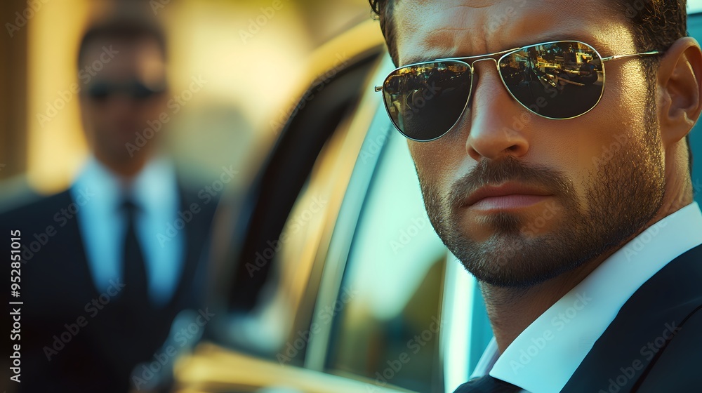Photo Art Print Close up of a security guard in a black suit wearing sunglasses beside a luxury Loki Studio