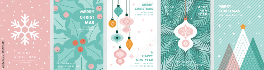 Fototapeta premium Christmas Minimalist card set - abstract Holidays flyers. Lettering with Christmas and New Year decorative elements. Vector illustration.