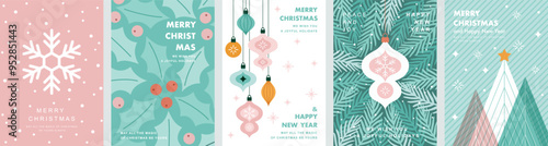 Christmas Minimalist card set - abstract Holidays flyers. Lettering with Christmas and New Year decorative elements. Vector illustration.