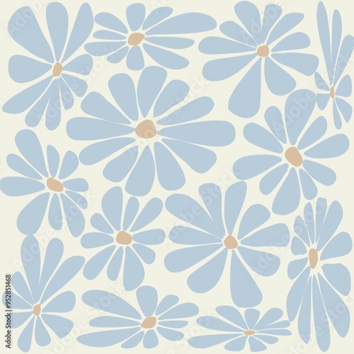 Blue daisy pattern on cream background, suitable for decorating fabric patterns or backgrounds.