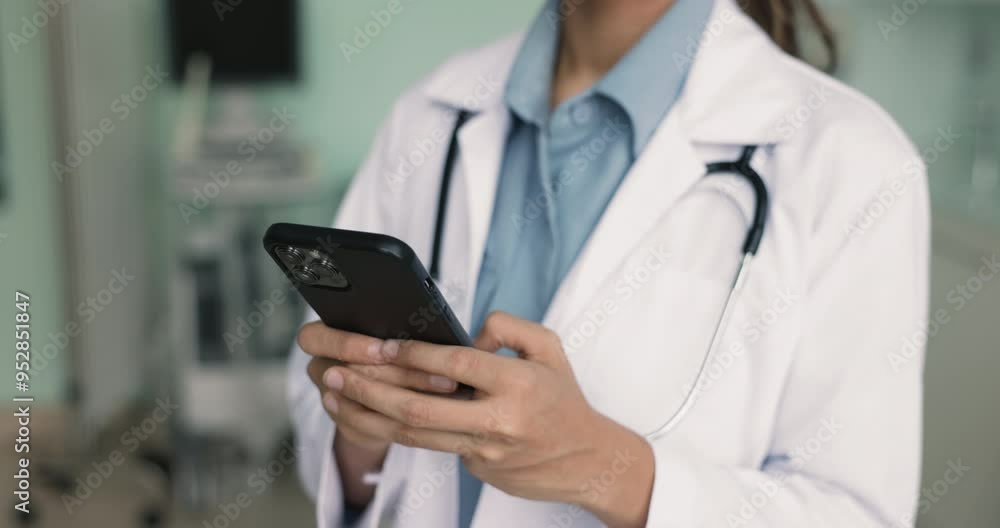 Close up of female medical worker using cellphone at workplace, provide instant access to medical reference apps, databases, clinical guidelines, look up information, or consulting patients remotely Close up of female medical worker using cellphone at workplace, provide instant access to medical reference apps, databases, clinical guidelines, look up information, or consulting patients remotely