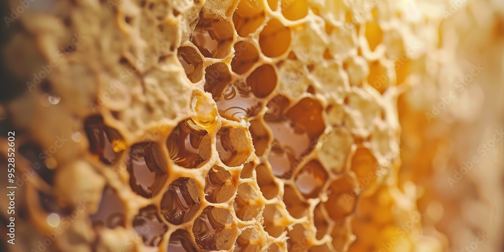 Close up of aged honeycomb with remnants of honey Farm beekeeping bee breeding and honey extraction Selective focus Close up of aged honeycomb with remnants of honey Farm beekeeping bee breeding and honey extraction Selective focus