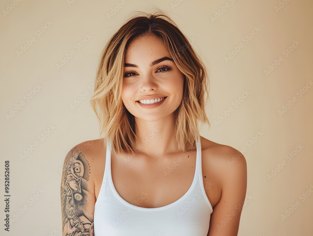 attractive woman with shoulder length blonde hair and tattoos attractive woman with shoulder length blonde hair and tattoos