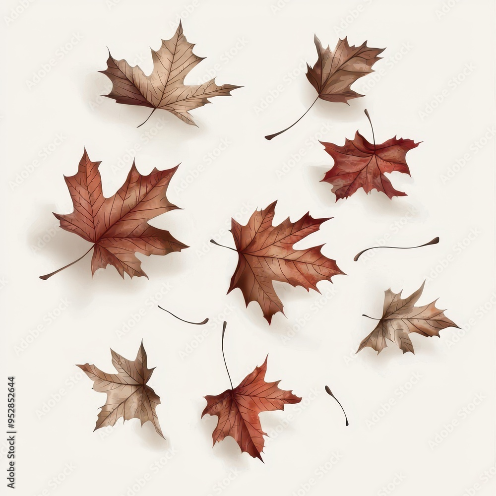 Autumn Leaves  Art on White Background - Tones of Brown and Red Fall Foliage