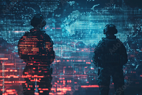 Soldiers Military Cyber Warfare with Digital Battlefield Overlay - Global Cyber Security 