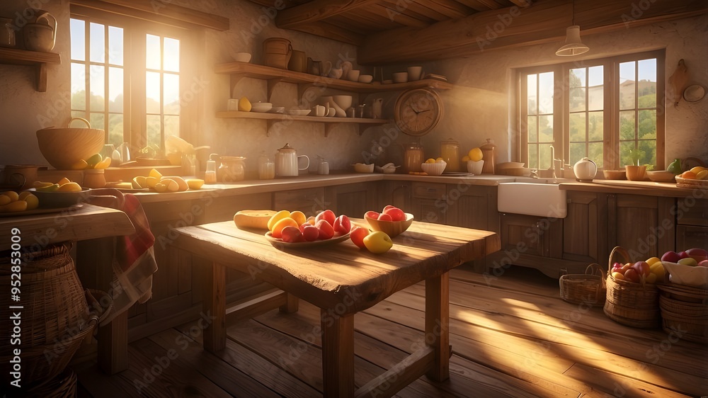 A cozy village kitchen, filled with the warm aroma of freshly baked bread and the sound of sizzling bacon on the stove. The rustic wooden table is set for a hearty breakfast, with colorful fruits and A cozy village kitchen, filled with the warm aroma of freshly baked bread and the sound of sizzling bacon on the stove. The rustic wooden table is set for a hearty breakfast, with colorful fruits and