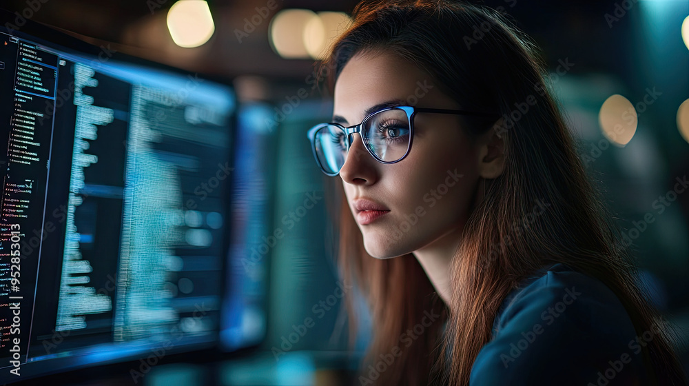 Woman working in IT Closeup with Digital Background - Global Cyber Security Woman working in IT Closeup with Digital Background - Global Cyber Security