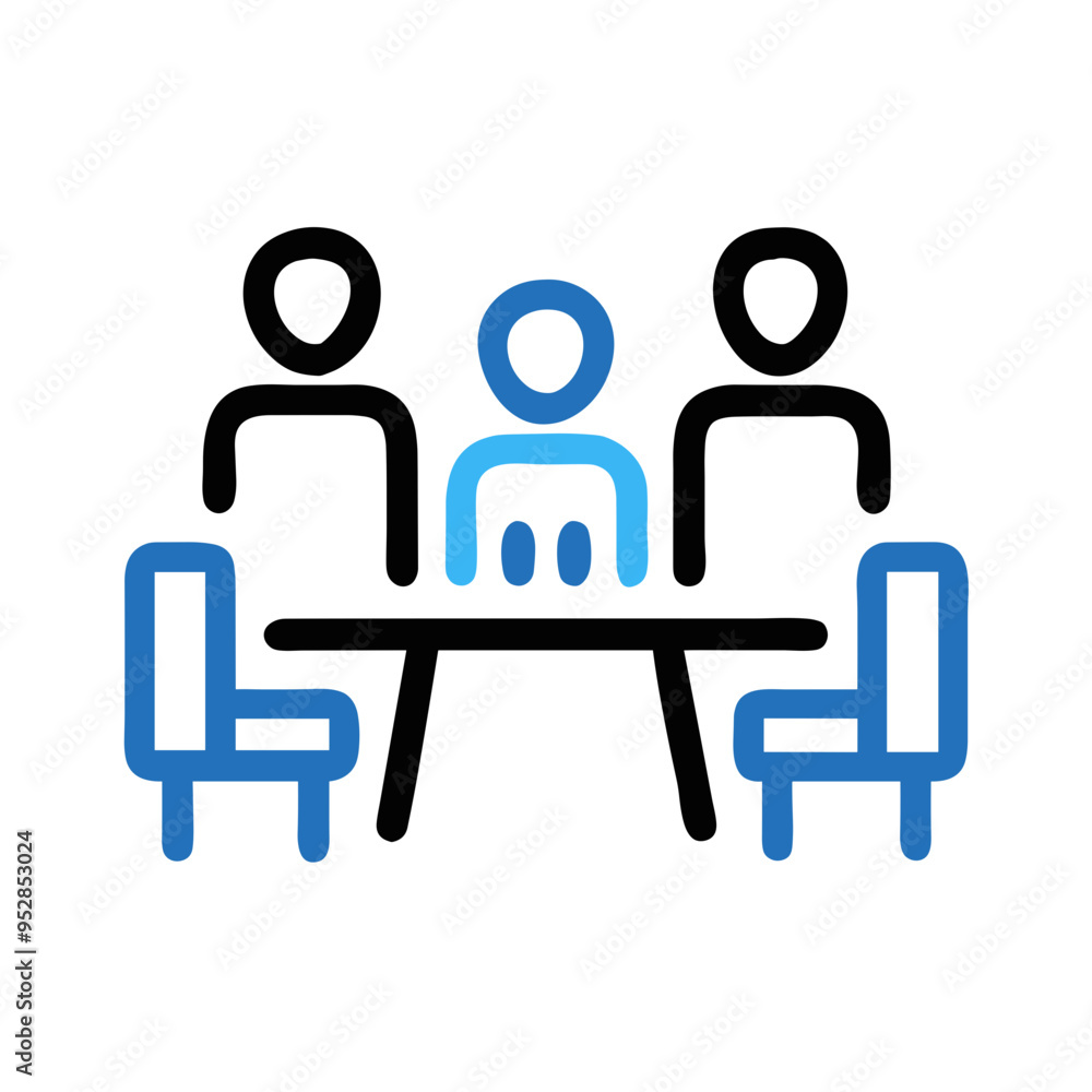 Meeting illustration with three people around a table representing collaboration and teamwork concepts Meeting illustration with three people around a table representing collaboration and teamwork concepts