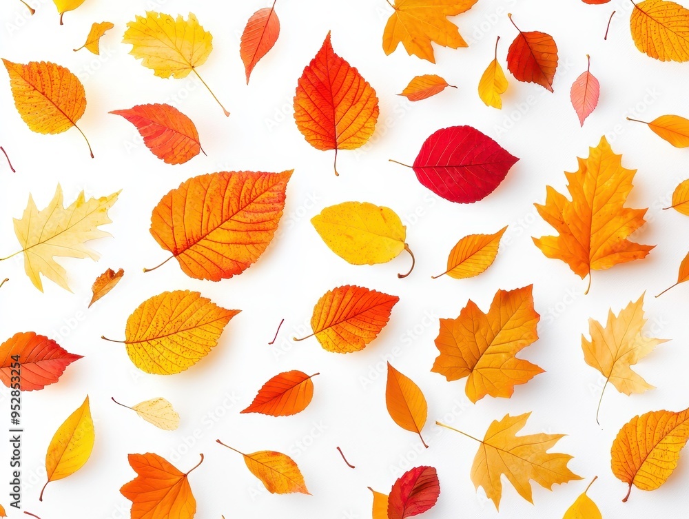 Vibrant Autumn Leaves Scattered on White Background - Vector Graphic Illustration Vibrant Autumn Leaves Scattered on White Background - Vector Graphic Illustration