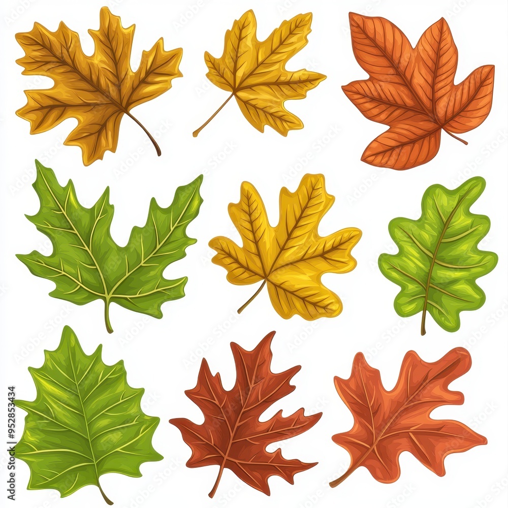 Autumn Leaves Vector Art Collection with Oak and Maple - Detailed Shading on White Background Autumn Leaves Vector Art Collection with Oak and Maple - Detailed Shading on White Background