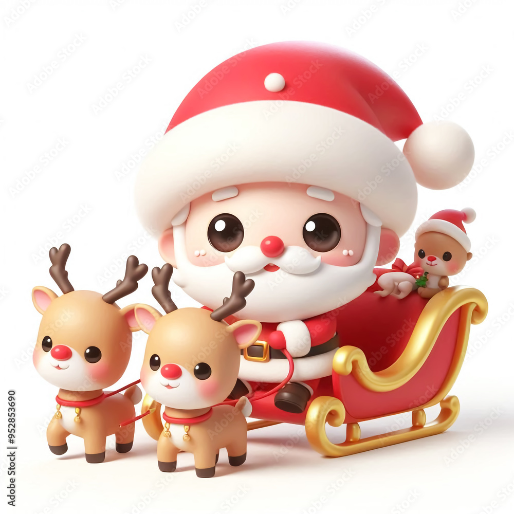 Funny Christmas cartoon of cute Santa Claus on the sleigh and the reindeer, on white background Funny Christmas cartoon of cute Santa Claus on the sleigh and the reindeer, on white background