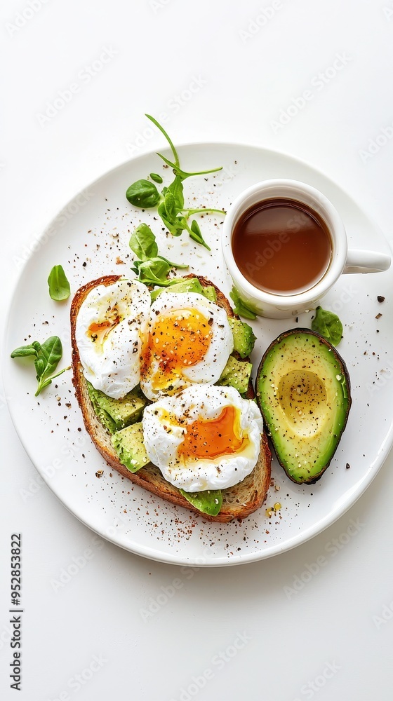 Fresh and Nutritious Morning Start: Avocado Toast, Poached Eggs, and Coffee on White Background Fresh and Nutritious Morning Start: Avocado Toast, Poached Eggs, and Coffee on White Background