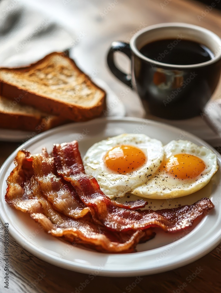 Morning Delight - Classic Breakfast Spread with Coffee, Bacon, Eggs, and Toast on Wooden Table Morning Delight - Classic Breakfast Spread with Coffee, Bacon, Eggs, and Toast on Wooden Table