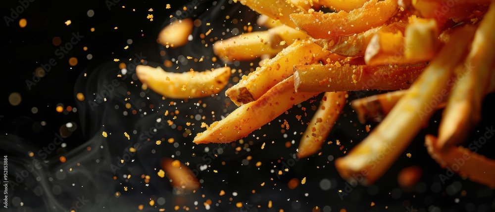 Close-up of crispy french fries with seasoning flying against a dark background, creating a dynamic effect. Close-up of crispy french fries with seasoning flying against a dark background, creating a dynamic effect.