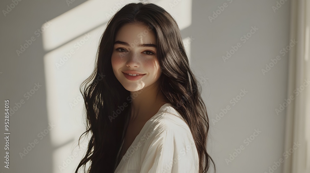 young woman with long dark hair poses confidently on white background young woman with long dark hair poses confidently on white background
