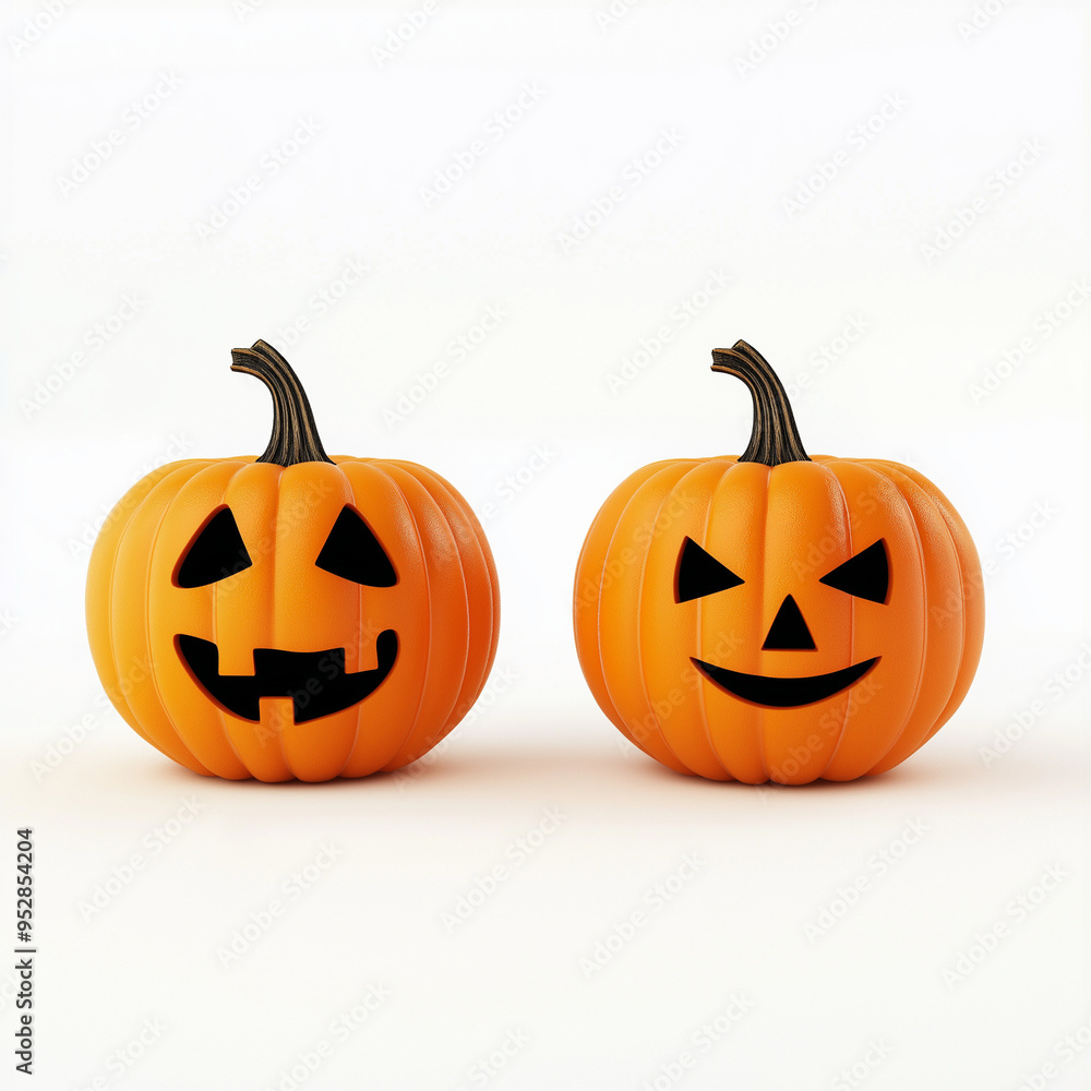 Two Carved Jack-o-lantern, happy and sad face, realism, isolated on white background, cute pumpkins for halloween Two Carved Jack-o-lantern, happy and sad face, realism, isolated on white background, cute pumpkins for halloween