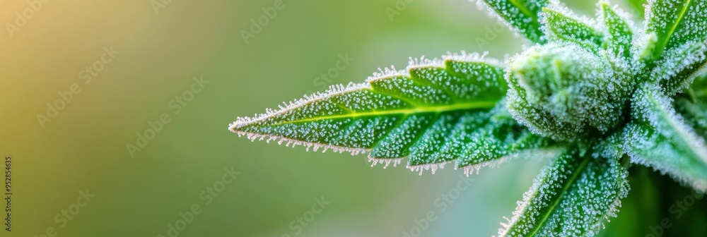 A vibrant green cannabis leaf showcases a developing bud in its center, featuring fine details and textures against a softly blurred background that enhances its beauty A vibrant green cannabis leaf showcases a developing bud in its center, featuring fine details and textures against a softly blurred background that enhances its beauty