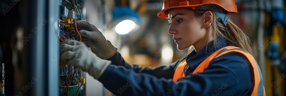 Fototapeta premium A female commercial electrician concentrates on her work, adjusting wires inside an electrical panel while wearing safety gear and gloves to ensure efficiency and safety