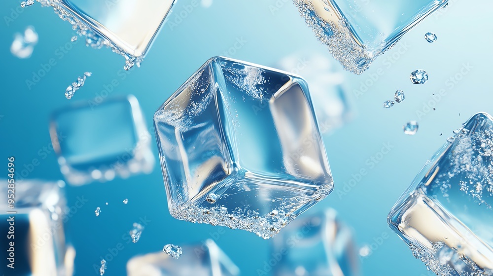 Close-up of falling ice cubes with water droplets on a blue background. Close-up of falling ice cubes with water droplets on a blue background.