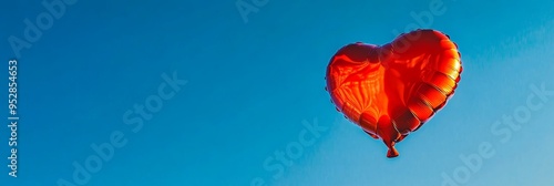 A vibrant heart-shaped balloon floats effortlessly against a bright blue sky, bringing a joyful and uplifting atmosphere to the scene, perfect for celebrations or romantic moments