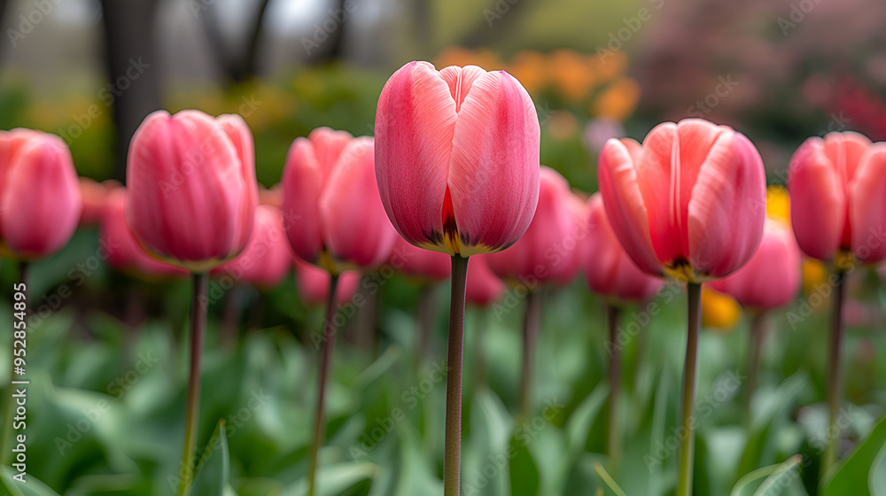 Beautiful pink tulips bloom in a vibrant garden during springtime, creating a colorful landscape filled with life and serenity Beautiful pink tulips bloom in a vibrant garden during springtime, creating a colorful landscape filled with life and serenity