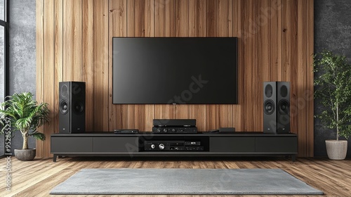 modern home theater with sleek black speakers minimalist media console stylish interior design concept banner