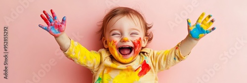 A delighted toddler engages with vibrant paint, expressing pure joy and creativity while splattering colors on the spotless backdrop photo