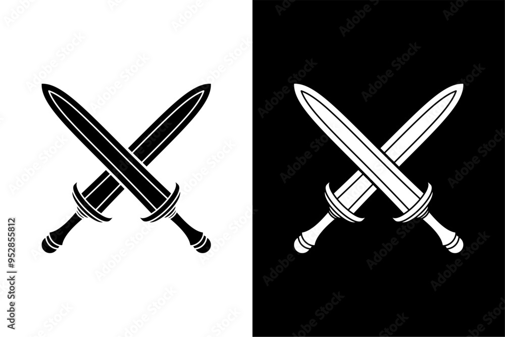 Two large crossed swords isolated on white background. Vector illustration, editable and scalable EPS file, easy to print, suitable for icons, logos, badges, emblems, etc. A big and strong sword.