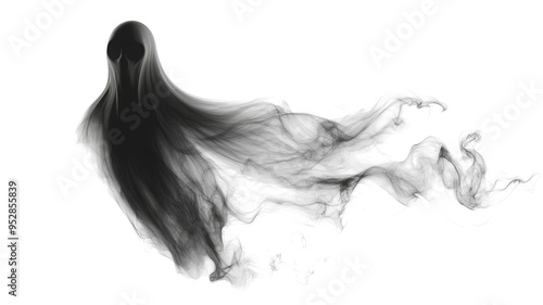 Realistic Halloween ghost shadow PNG. Transparent isolated phantom. Flying spooky dead soul. Black smoke transparent horror monster.
