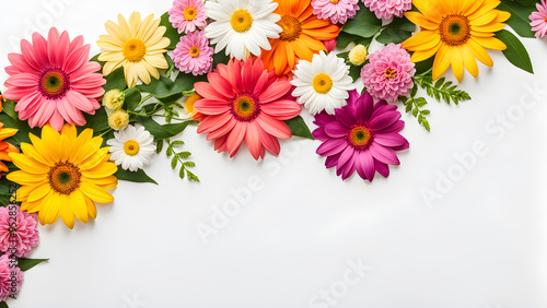 colorful flowers in corners on white background