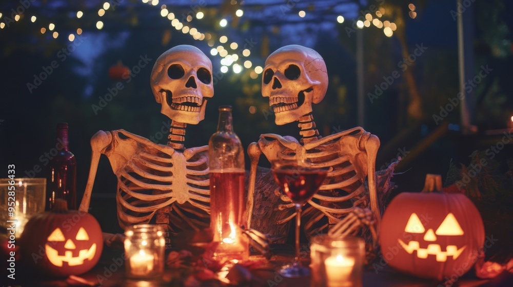 Druk Skeletons having party at home. Halloween funny design concept. Druk Skeletons having party at home. Halloween funny design concept.