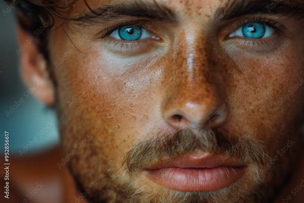 Obraz premium Portrait of a young man showcasing vibrant blue eyes and sun-kissed skin that reflects a commitment to beauty skin care