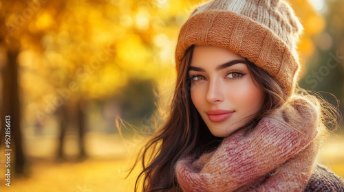  Portrait of a beautiful woman in an autumn park with a warm yellow-golden background, wearing a knitted hat and scarf, with a gentle smile on her face